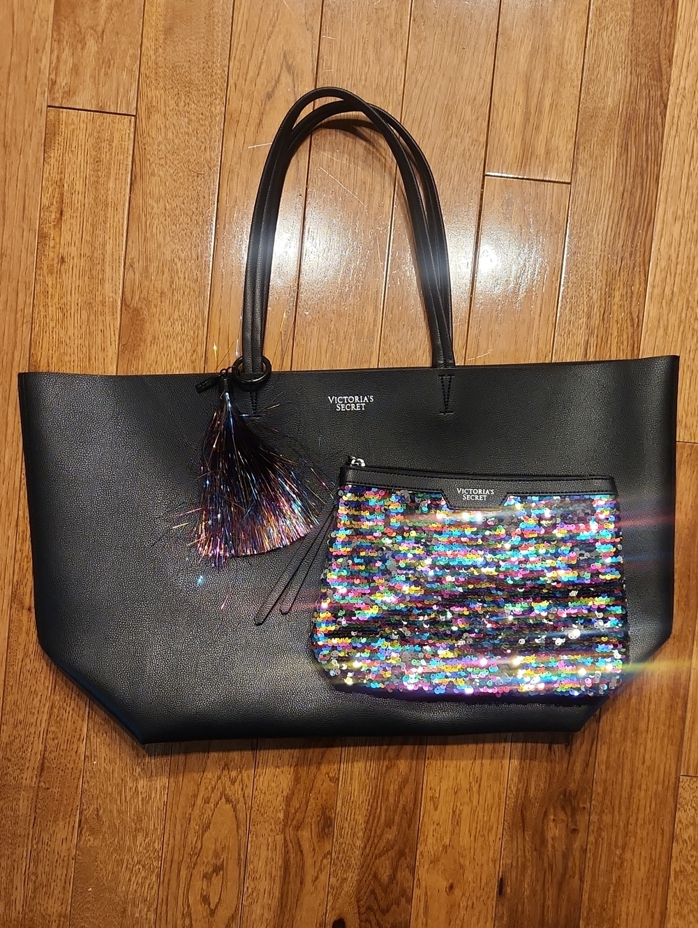 Victoria's Secret Black Tote with Iridescent Sequin Pouch and Tassel
